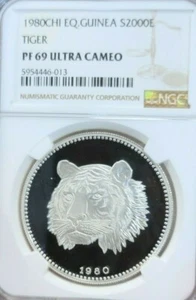 1980 EQ GUINEA SILVER 2000 EKUELE TIGER NGC PF 69 ULTRA CAMEO LOW MINTAGE TOP - Picture 1 of 5