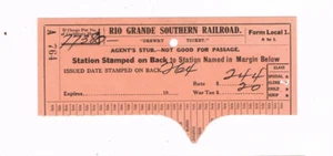 1921 Rio Grande Southern Railroad TICKET STUB - Dolores To Durango CO (Clergy) - Picture 1 of 2