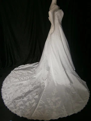 Alfred Angelo Wedding Dress 12 Ivory Satin Beaded Strapless Huge Train Short 56" - Image 1 of 4
