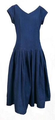 Vintage Eileen West Cap Sleeve Drop Waist Denim Jean Button Back Dress S/M 8 - Image 1 of 4