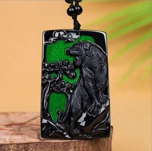 Zertifiziert schwarz Burma natürliche Klasse A Jade Jadeit Sternzeichen Tiger Anhänger Halskette - Bild 1 von 9