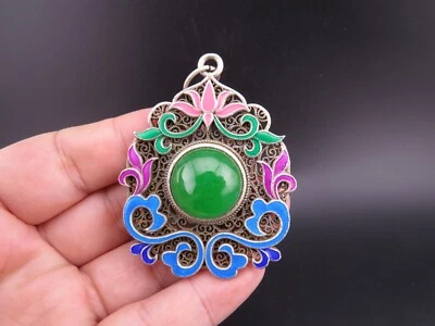 China, jade, plata pura, filigrana, incrustación de jadeíta, flores raras, colgante D667 Foto 1 de 4