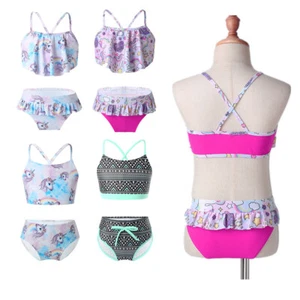 Kid Girls Tankini Suit Spaghetti Straps Criss Cross Beach Swimwear Swimsuit Sets - Picture 1 of 49