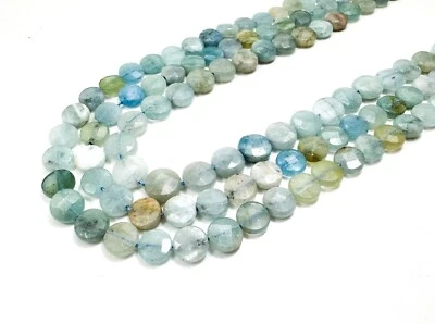 Natural Aquamarine Faceted Coin Beads Oceanic Elegance Flat Round Gemstone PG82 - Image 1 of 4