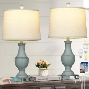 Farmhouse Table Lamps, Rustic 26" Touch Control Bedside Lamps with USB A+C Charg - Picture 1 of 7