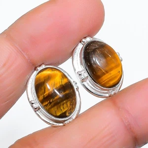 Pendiente de plata esterlina 925 con piedras preciosas ojo de tigre tamaño 0,75" - Imagen 1 de 1
