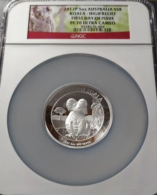 2017 P Australia 5oz Silver Koala NGC PF-70, High Relief FDOI BOX COA  - Image 1 of 3