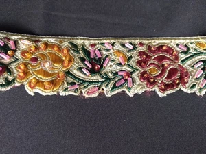 1  5/8 Yards Vintage Beaded Embroidered Burgundy Gold And Green Trim - Picture 1 of 4