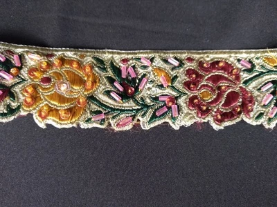 1  5/8 Yards Vintage Beaded Embroidered Burgundy Gold And Green Trim - Image 1 of 4