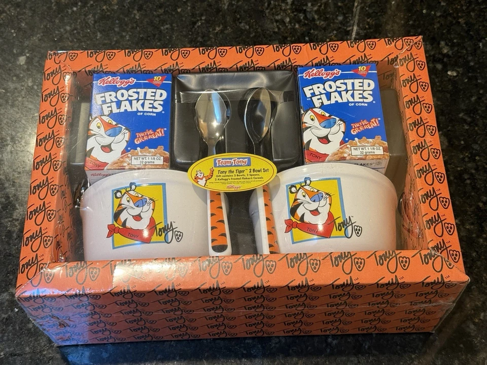 老式密封 2001 年 Kelloggs Tony The Tiger 2 碗谷物套装磨砂片 — 第 1/4 张图片
