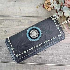 Montana West Tooled Leather Western Wallet Black Turquoise Concho Studded - Picture 1 of 7