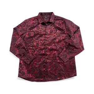 Dibangu Casual Button-Down Red Black Paisley Long Sleeve XXL 80% Silk NWOT - Picture 1 of 9