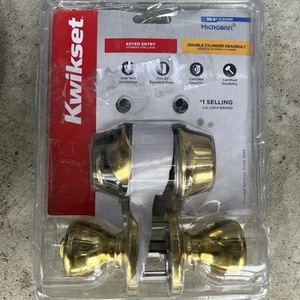 Kwikset 96950-163 perilla de puerta de entrada de latón pulido - paquete de cerrojo de doble cilindro - Imagen 1 de 4
