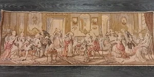Vtg Wall Tapestry 56 “X 19” Scene of Victorian Era Parlor Party Ladies & Gents - Picture 1 of 8