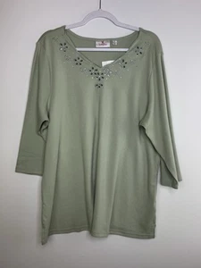 NWT Quacker Factory Women's XL Sage Green Embellished Neckline 3/4 Sleeve Top - Picture 1 of 10