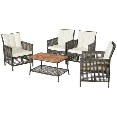 Patiojoy 5PCS Patio Rattan Furniture Set w/Rectangular Coffee Table &4 Armchairs - Image 1 of 4