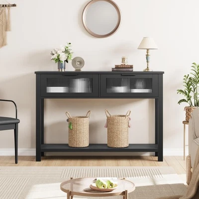 Wood Console Table w/ 2 Glass Drawers 2-Tier Entryway Table Sofa Table Black - Image 1 of 4