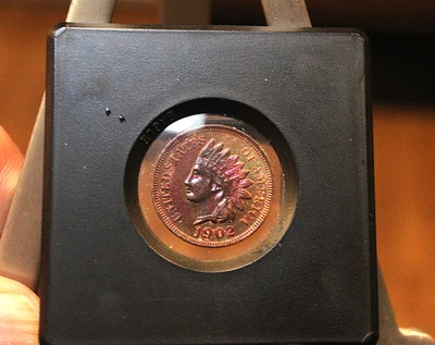 1902 Indian Head Cent Penny Hi-Grade RB+ Amazing Toning Eagle/Mylar Window Mount - Image 1 of 4