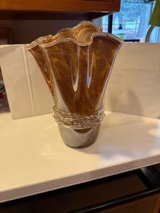 Murano Stil Bernstein Einstecktuch geraffter Rand mundgeblasene Glas Vase 12" Höhe x 8" Breite - Bild 1 von 5