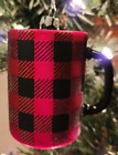 NEW! Buffalo Plaid Red and Black Coffee Mug Glass Christmas Tree Ornament 3.5"