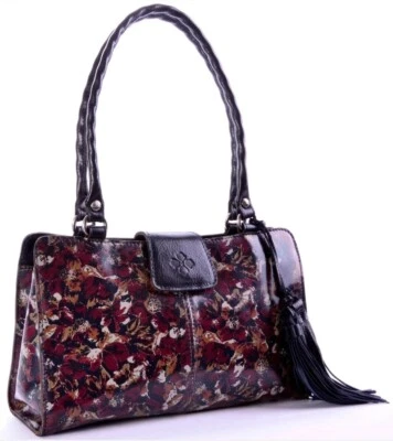 Cartera de hombro de cuero Patricia Nash Rienzo SCARLET BLOOM negra borgoña Foto 1 de 4