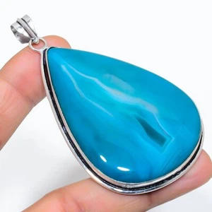 Pendant Aqua Lace Agate Gemstone Handmade 925 Steling Silver Jewelry 3.03" W039 - Picture 1 of 4