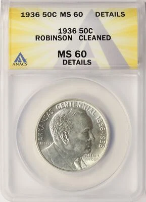 1936 Robinson Commemorative Silver Half Dollar 50c ANACS MS60 Details Cleaned - Image 1 of 4