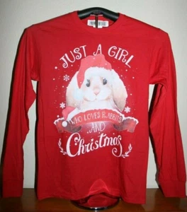 JUST A GIRL WHO LOVES RABBITS AND Christmas Long Sleeve T-Shirt,  Small in Red - Picture 1 of 5