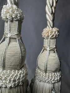 Pair Drapery Tie Backs Rope 2 Tassels Ivory Cream Tan Twist Luxurious Twist Fanc - Picture 1 of 18