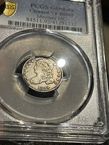 1829 Capped Bust MEDIUM 10c Variety RARE PCGS Gold Shield Cleaned VF Detail Cover