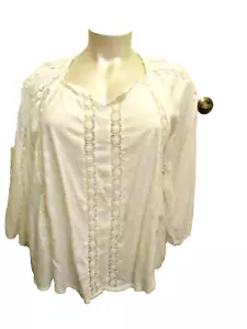 Angie Boho Peasant Blouse White Lace Inserts Bell Sleeves Embroidered 3X NEW - Picture 1 of 8