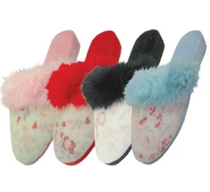 Women's Floral Print Fur Cuff Plush Comfy House Slippers Velour TPR Sole - New - Picture 1 of 13