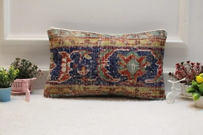 Blue Colors Vintage Turkish Rug Pillow Case, 12x20 inc Lumbar pillow - Image 1 of 4