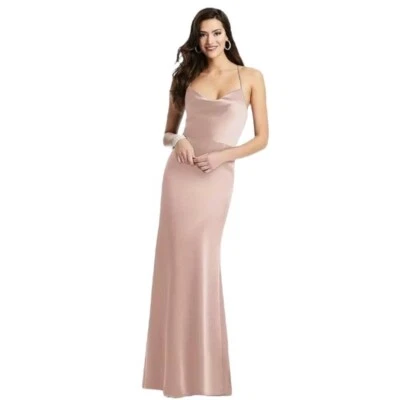 NUEVO CON ETIQUETAS Dessy Colección Capucha Cuello Lux Charmeuse Trompeta Satén Vestido Tostado Azúcar 6 Foto 1 de 4