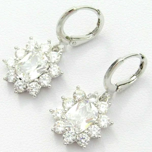 Cubic Zirconia Oval Flower Floral Drop Dangle White Gold Plated Small Earrings - Picture 1 of 12