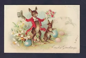Cartolina pasquale 1907 fantasia coniglio con cappello a cilindro e bicchieri, mazzo di fiori - Foto 1 di 2