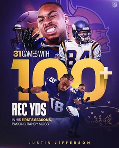 Justin Jefferson 100+ Receiving Yards Collage Minnesota Vikings 8x10 NFL Photo - Picture 1 of 1