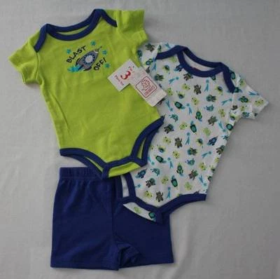 NUEVO Conjunto de 3 piezas para bebés niños 3 - 6 meses 2 bodys pantalones cortos conjunto robot espacial cohete Foto 1 de 3