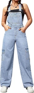 Womens Overalls Demin Wide Leg Cargo Jumpsuit Loose Fit Bib Baggy Jean Overalls  - Picture 1 of 6