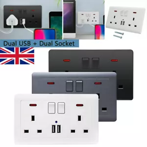 Double Wall Plug Socket 2 Gang 13A w/ 2 Charger USB Ports Outlets Flat Plate UK - Picture 1 of 17