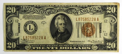 1934 A $20 Twenty Dollars FRN WWII Emergency Issue Hawaii Note L87585228A - Image 1 of 2