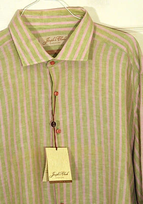 Camisa Joseph's Cloak Italia Para Hombres 18 Rayas Botones Verde Rosa Nueva con Etiquetas $195 Sensación de Lino Foto 1 de 4