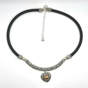 Avon NR Necklace Heart Pendant Silver Scrollwork Black Mixed Metal Tones - Picture 1 of 5