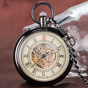 Luxury Roman Numerals Open Face Black Self Winding Mechanical Pocket Watch Chain - Picture 1 of 7