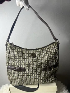 Tommy Hilfiger Purse One Strap Brown Design Blue Lining Front Snap Pocket - Picture 1 of 23