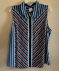 Cabi neu ohne Etikett gestreift & Blumenmuster ärmellos Teilreißverschluss vorne marineblau usw. Bluse Größe L - Bild 1 von 9