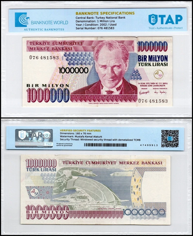 Turkey 1 Million Lira, L.1970 (2002 ND), P-213, Used Authenticated - Image 1 of 1