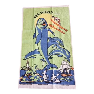Vintage Gold Coast Sea World Linen Cotton Tea Towel 80's Kitsch Retro Souvenir - Bild 1 von 7