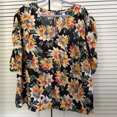 Blusa boho de manga corta con volantes hinchados florales amarillos 3X de Ava & Viv para mujer Foto 1 de 4