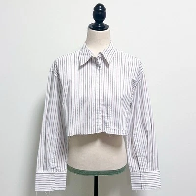 Blusa corta Zara blanca topo a rayas abotonadas desgastada dobladillo crudo cuello XS Foto 1 de 4
